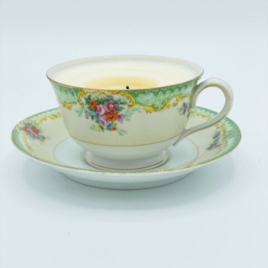 Candle in Vintage Tea Cup, Saucer with Pretty Floral Pattern – Orange Blossom