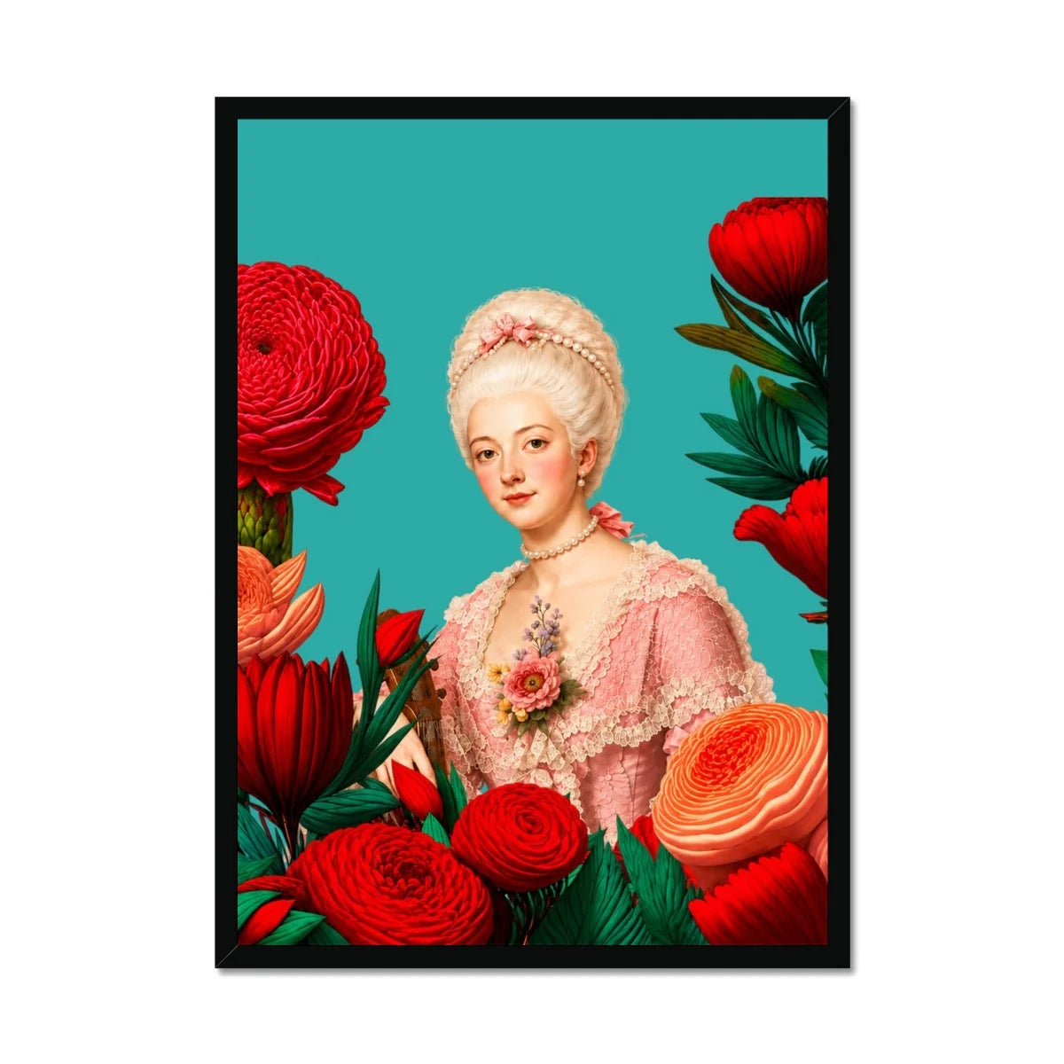 User attachment
Lady Amélie de Rose colourful Rococo framed wall art with red flowers and turquoise background