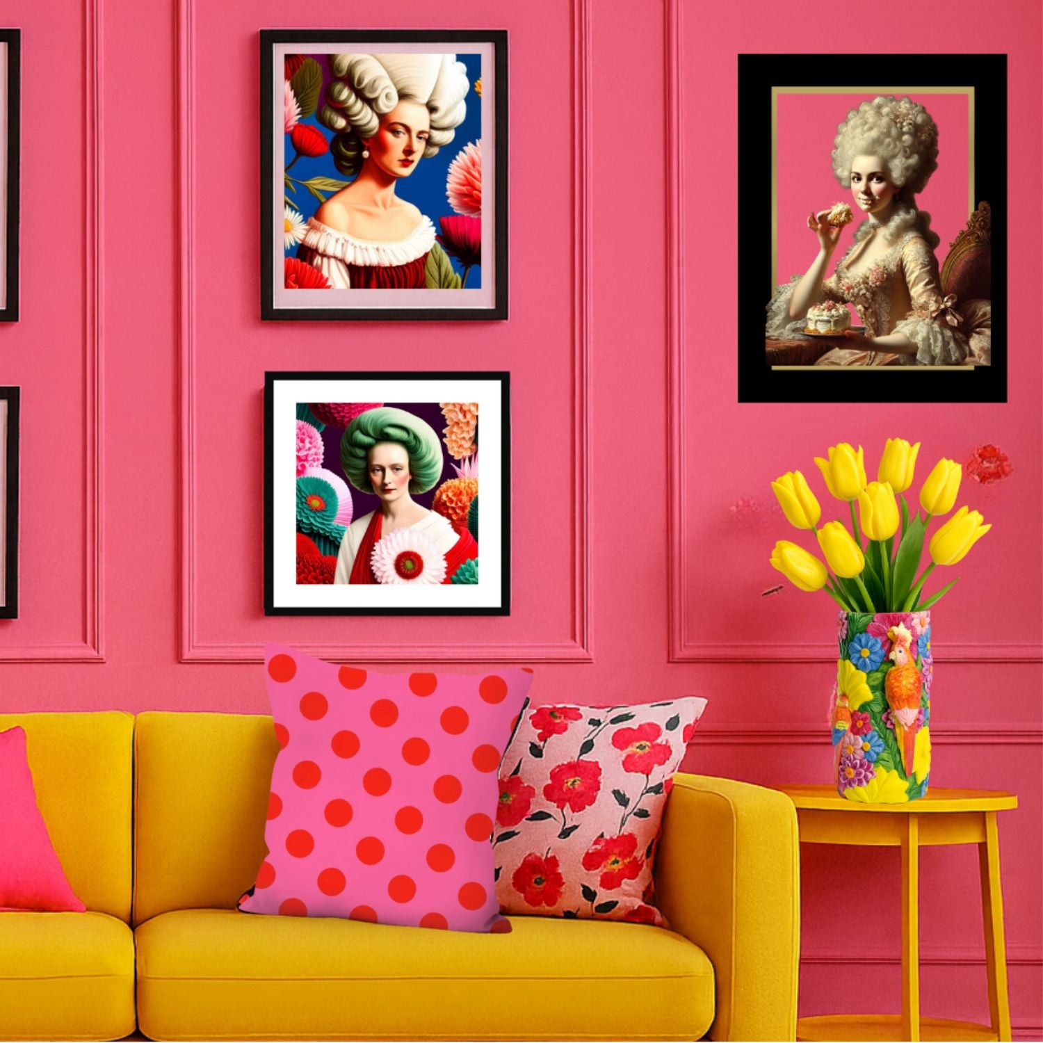 Vibrant floral bird vase with yellow tulips on a yellow side table against pink panelled walls, styled with a yellow sofa and patterned cushions in a colourful maximalist living room by Lizzie Onion’s Emporium. 1
