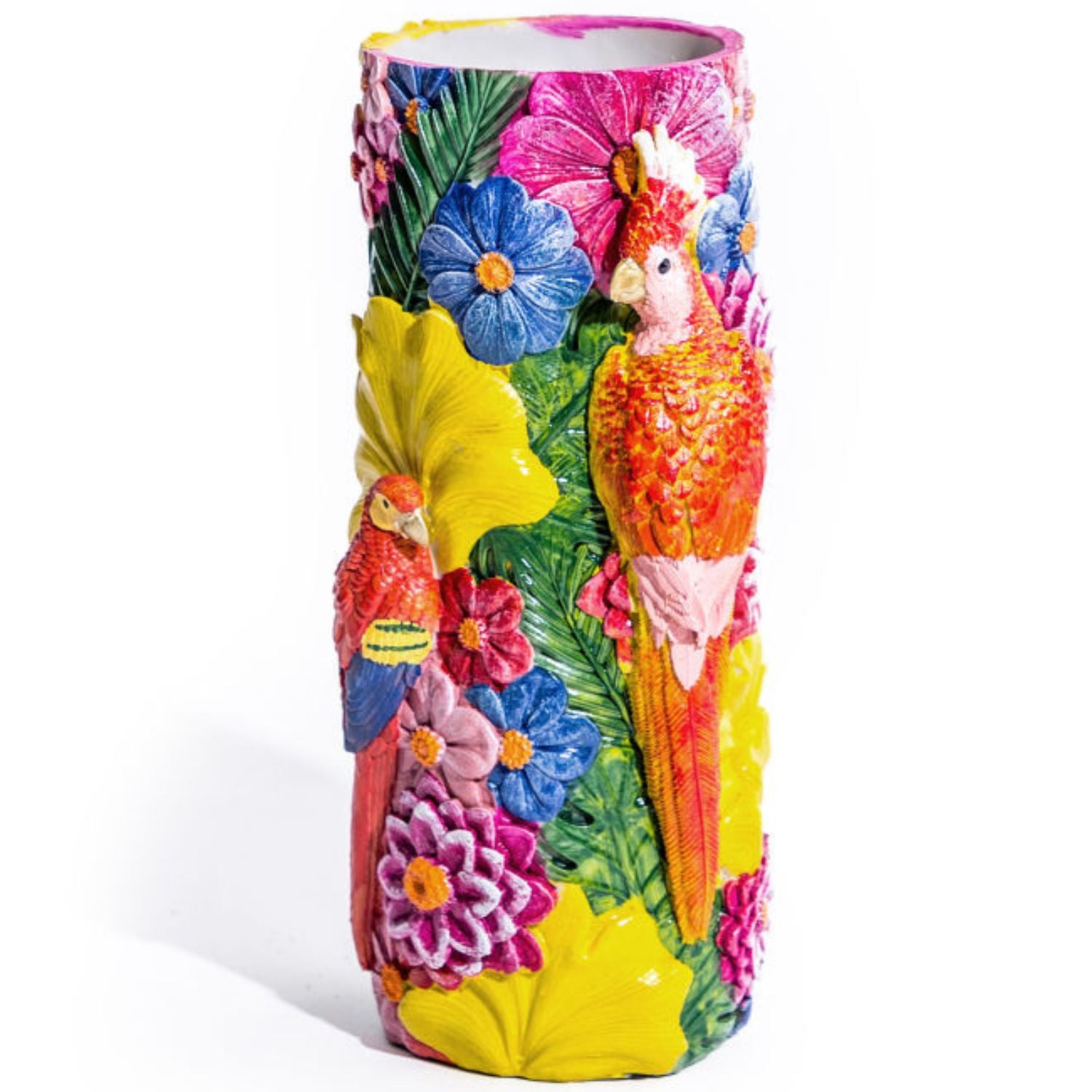 Vibrant floral vase decorated with colourful parrots and tropical flowers on a white background, statement home decor by Lizzie Onion’s Emporium.