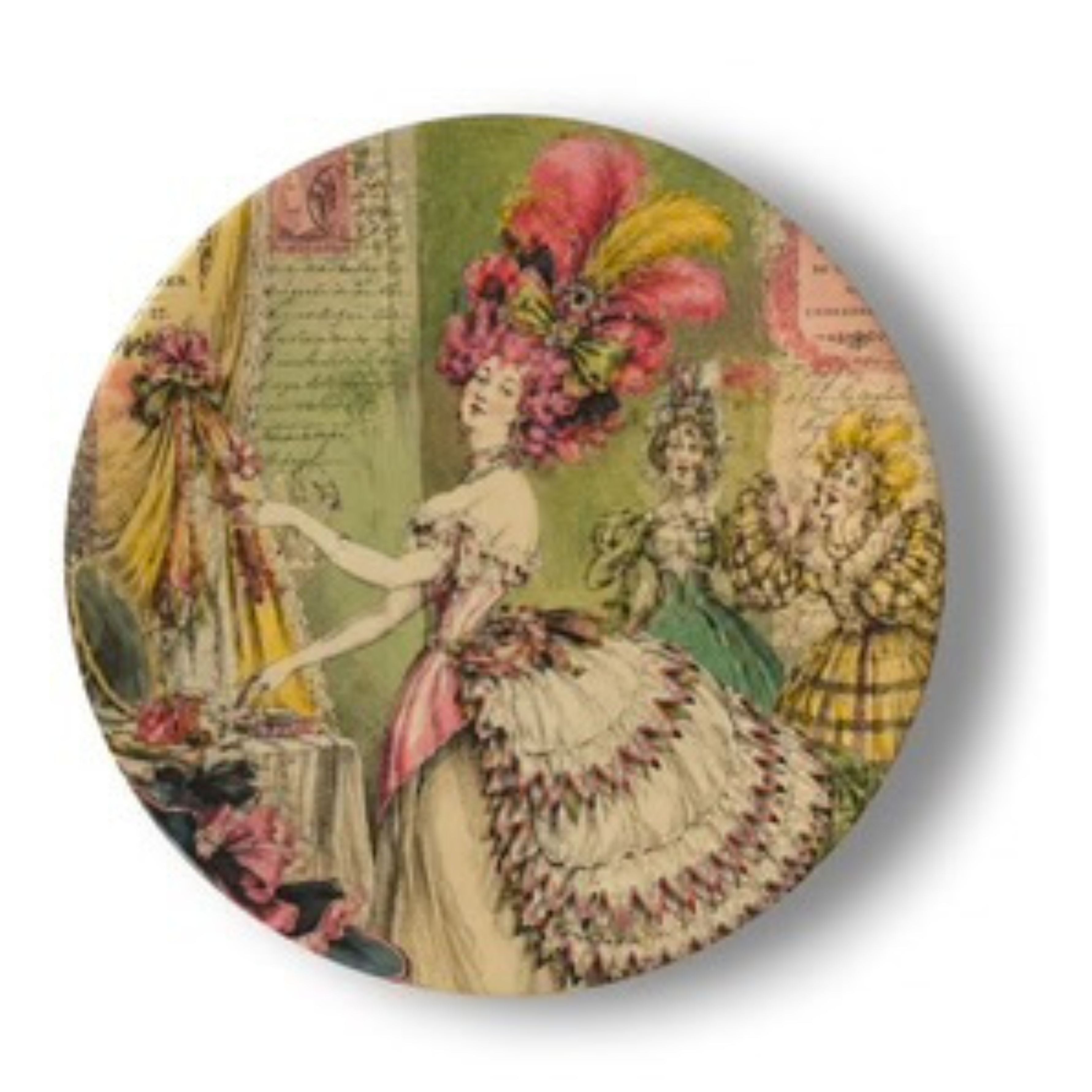 Vintage Rococo fashion illustration featuring an elegant lady in an elaborate feathered headdress and ornate 18th-century French gown, surrounded by decorative floral details and antique fashion artwork.