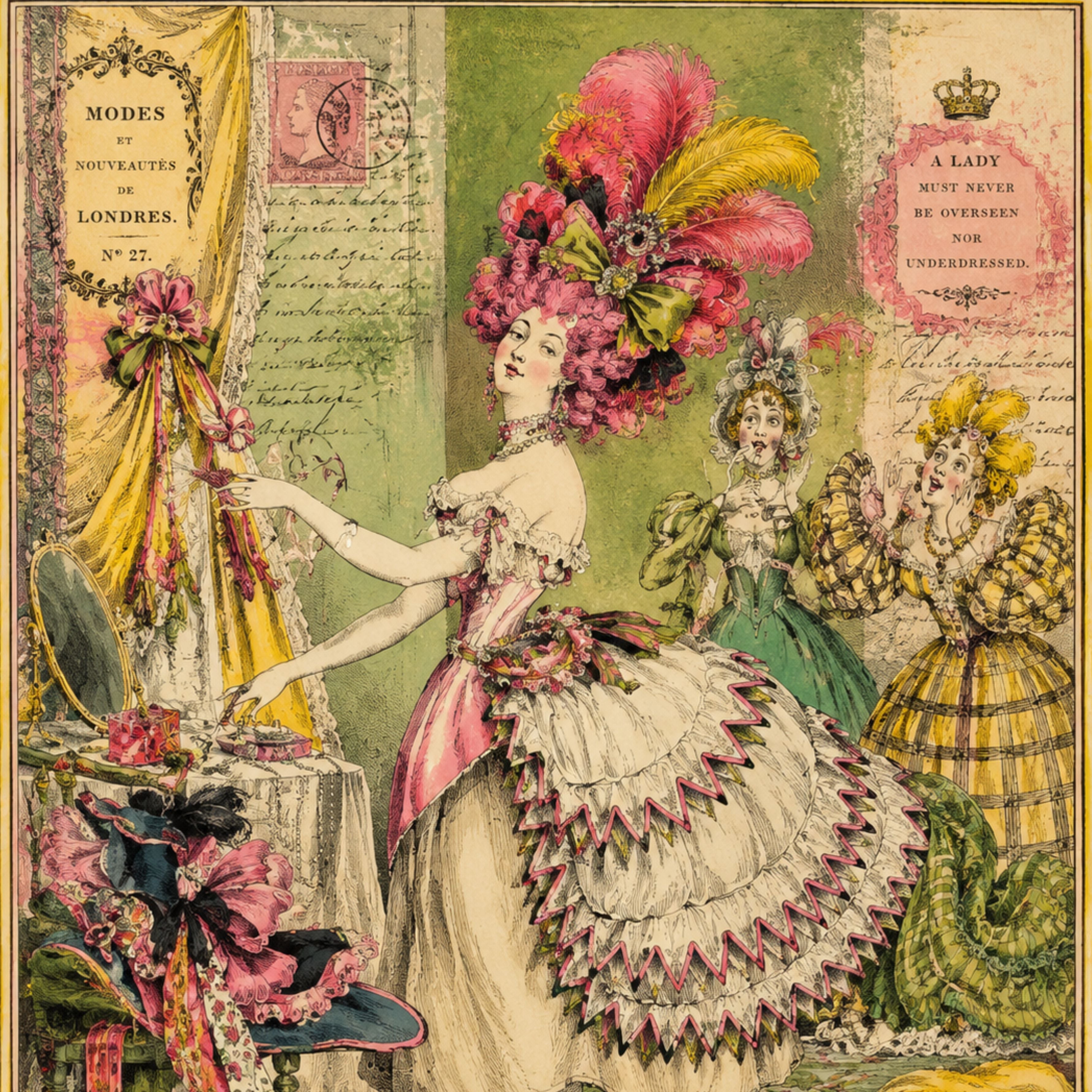 Vintage Rococo fashion illustration featuring an elegant lady in an elaborate pink feathered headdress and ornate 18th-century French gown, surrounded by fashion plates, floral embellishments and antique Parisian-inspired artwork.
