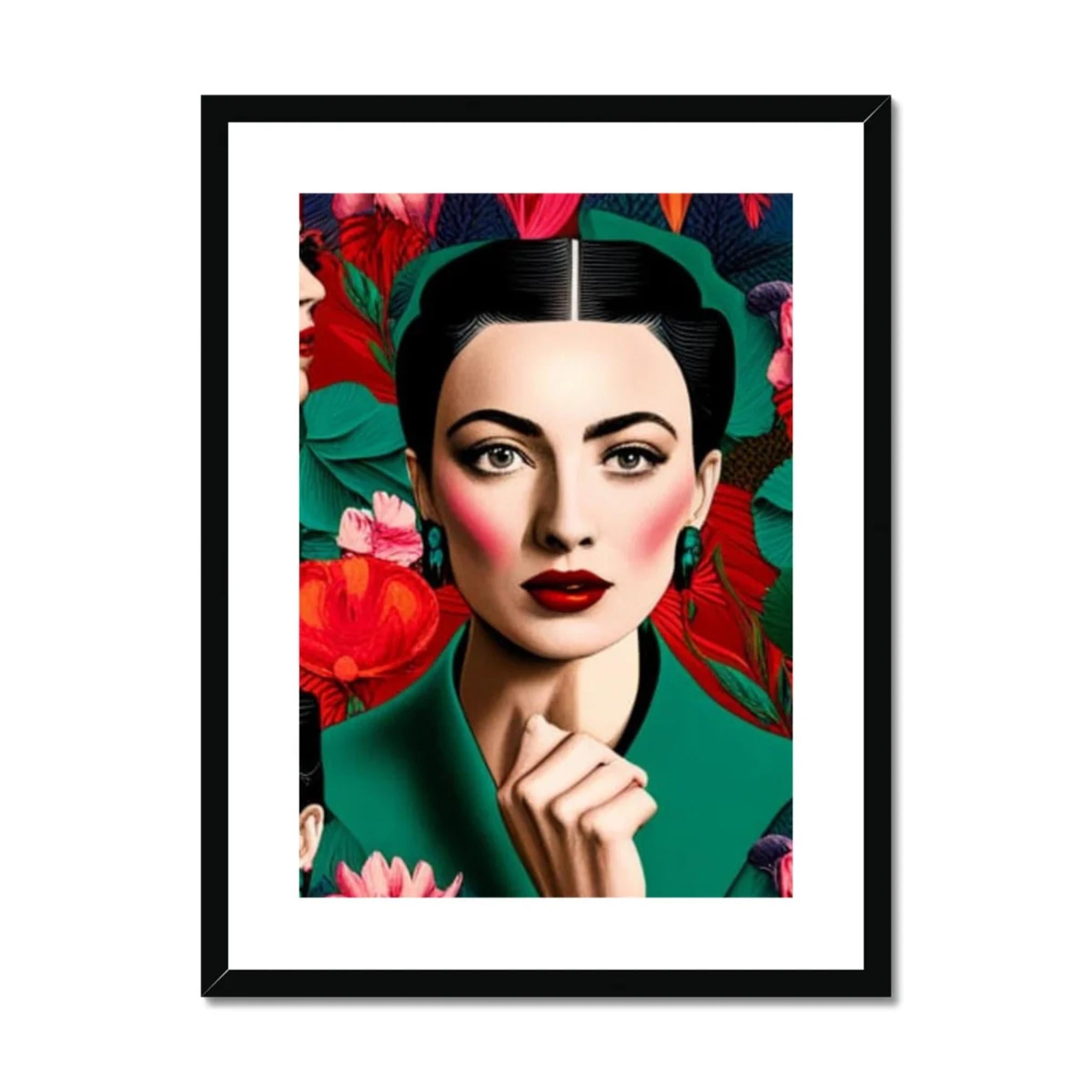 Vivienne – Bold in Bloom framed wall art print featuring a striking dark-haired woman with bold red lipstick, surrounded by vibrant red and pink flowers in a contemporary maximalist style.