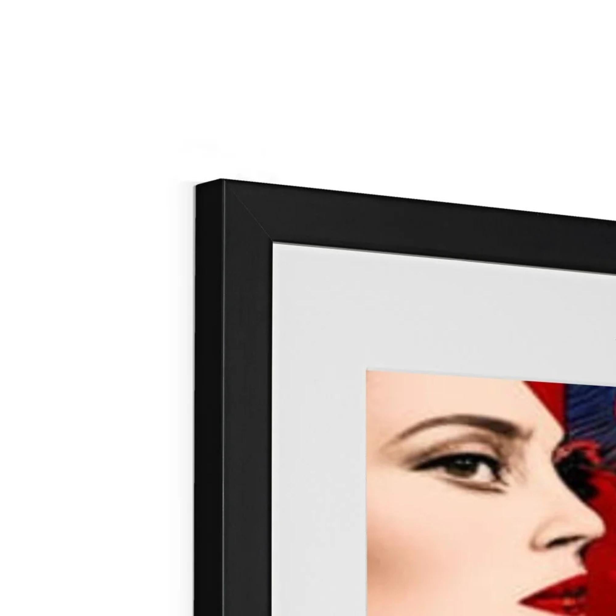 Vivienne – Bold in Bloom mounted art print featuring a striking dark-haired woman surrounded by vibrant red and pink flowers with lush green foliage in a contemporary maximalist style.