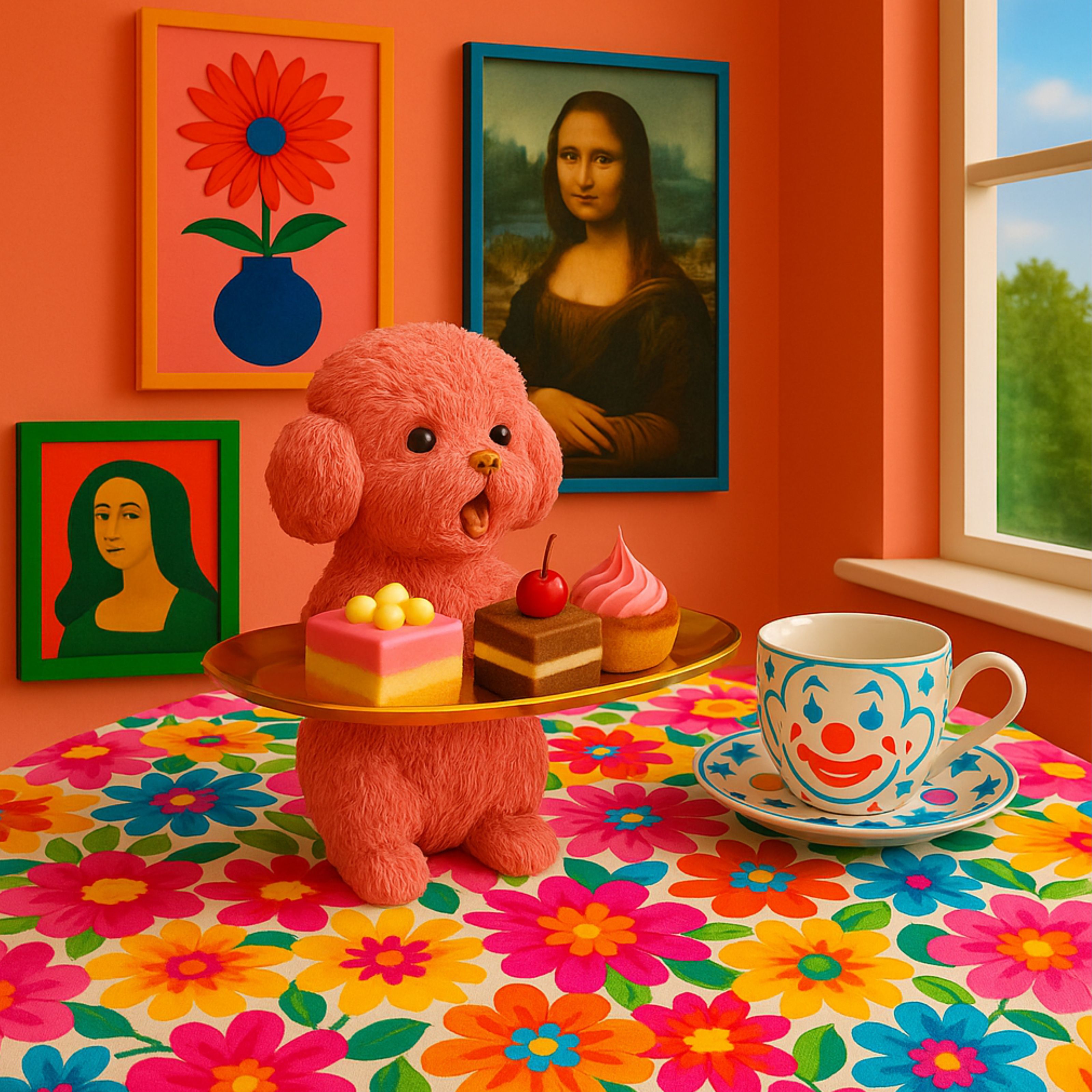 Whimsical pink poodle dog tray holding cakes, styled in a colourful maximalist tea party scene