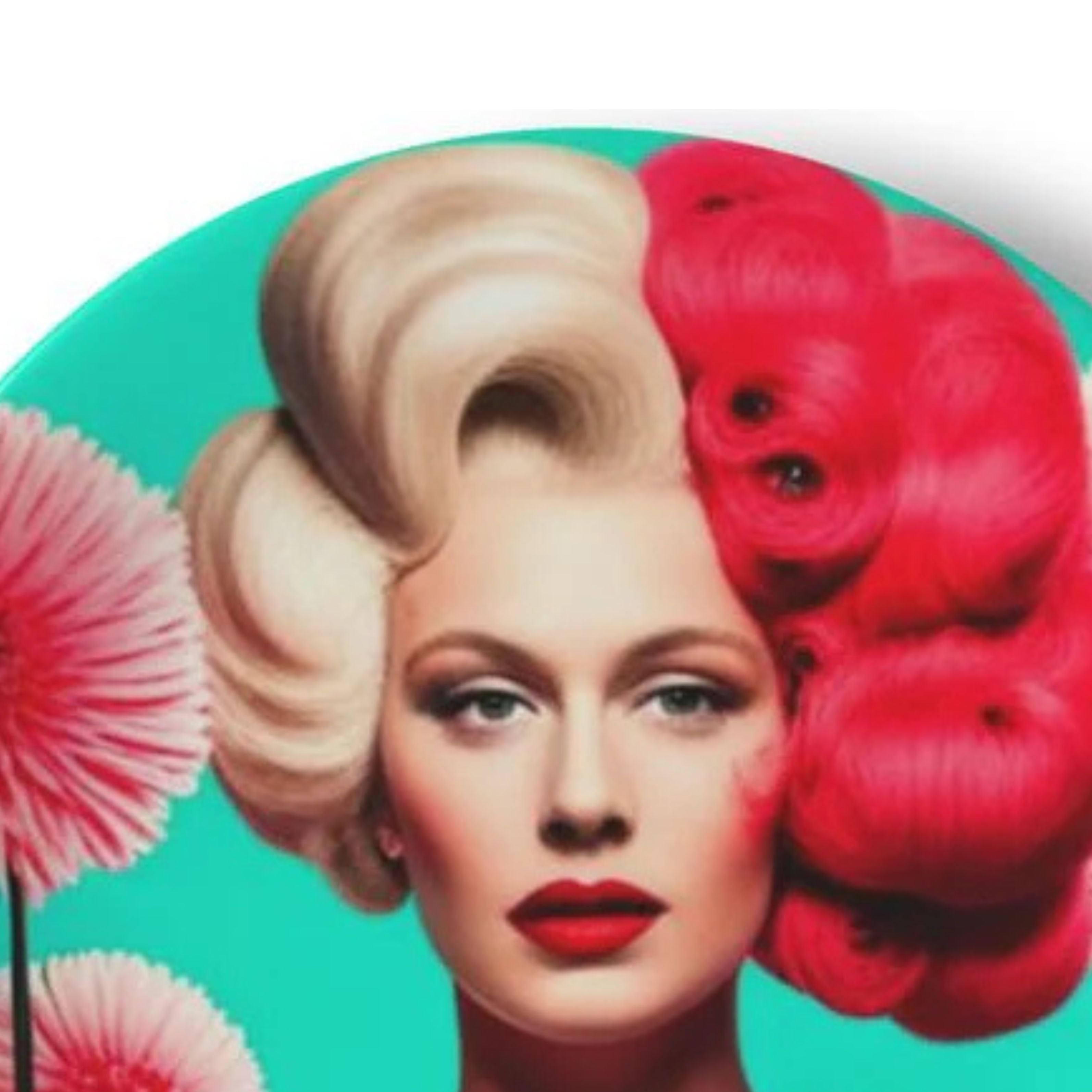 close up of decorative wall plate showing female portrait with pink and blonde sculptural hair, floral details and turquoise background, maximalist wall art