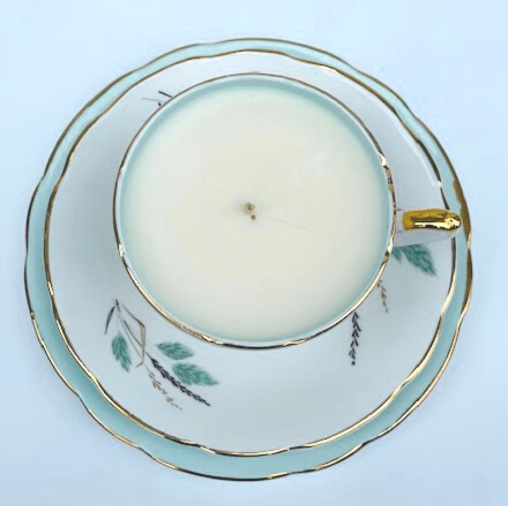 Vegan Soy Candle in Vintage Tea Cup, Saucer and Side Plate – Orange Blossom Fragrance