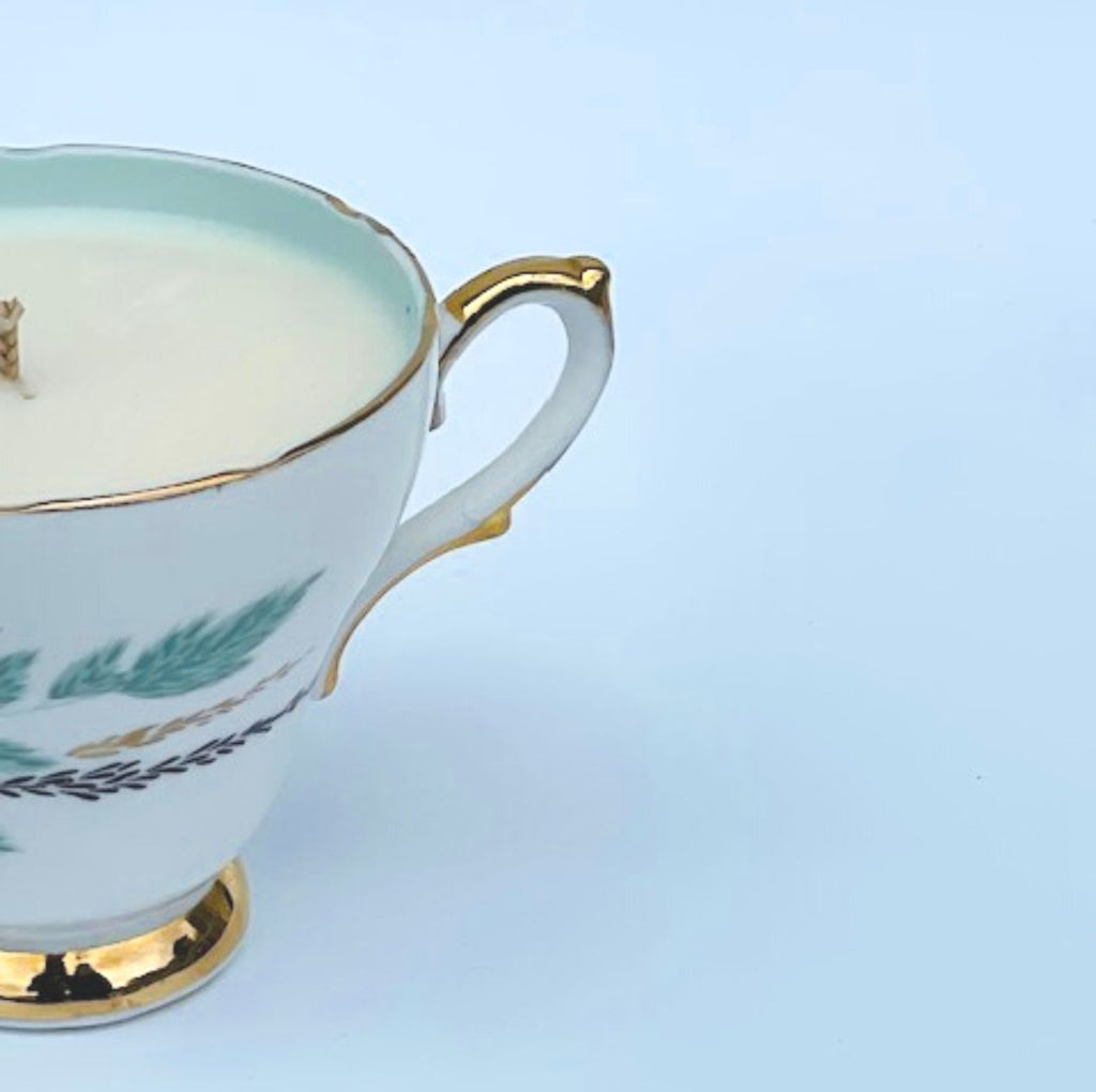 Vegan Soy Candle in Vintage Tea Cup, Saucer and Side Plate – Orange Blossom Fragrance