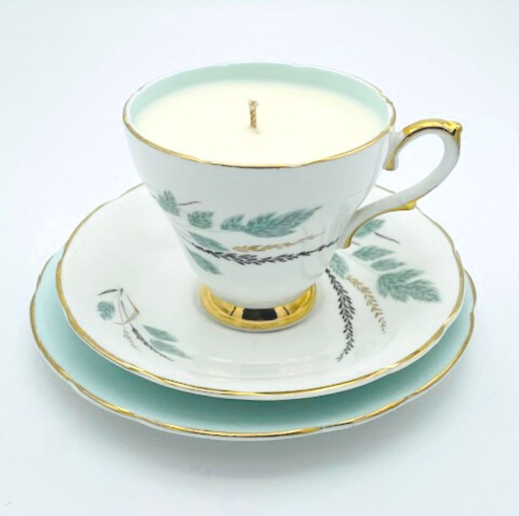 Vegan Soy Candle in Vintage Tea Cup, Saucer and Side Plate – Orange Blossom Fragrance
