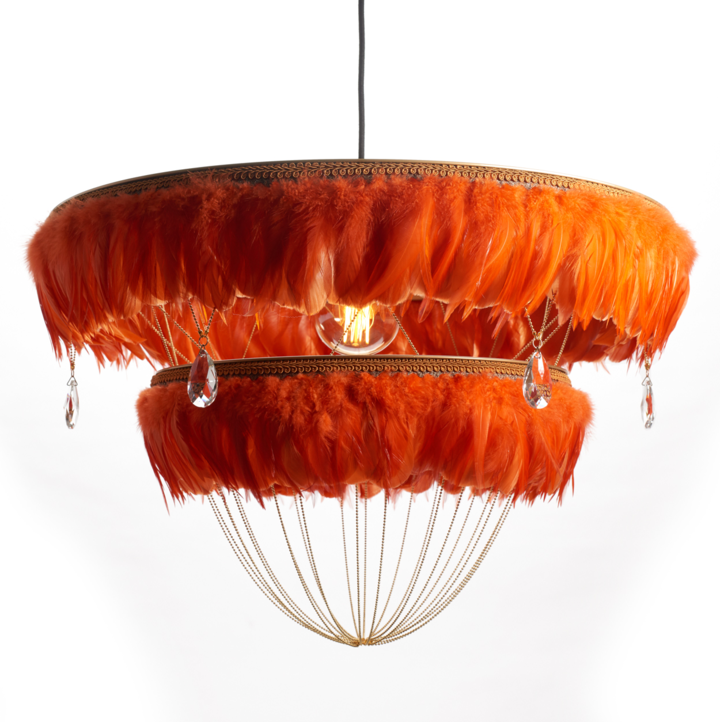 Burnt orange two-tier Bertie feather light shade with crystal drops, hanging against a plain white background.