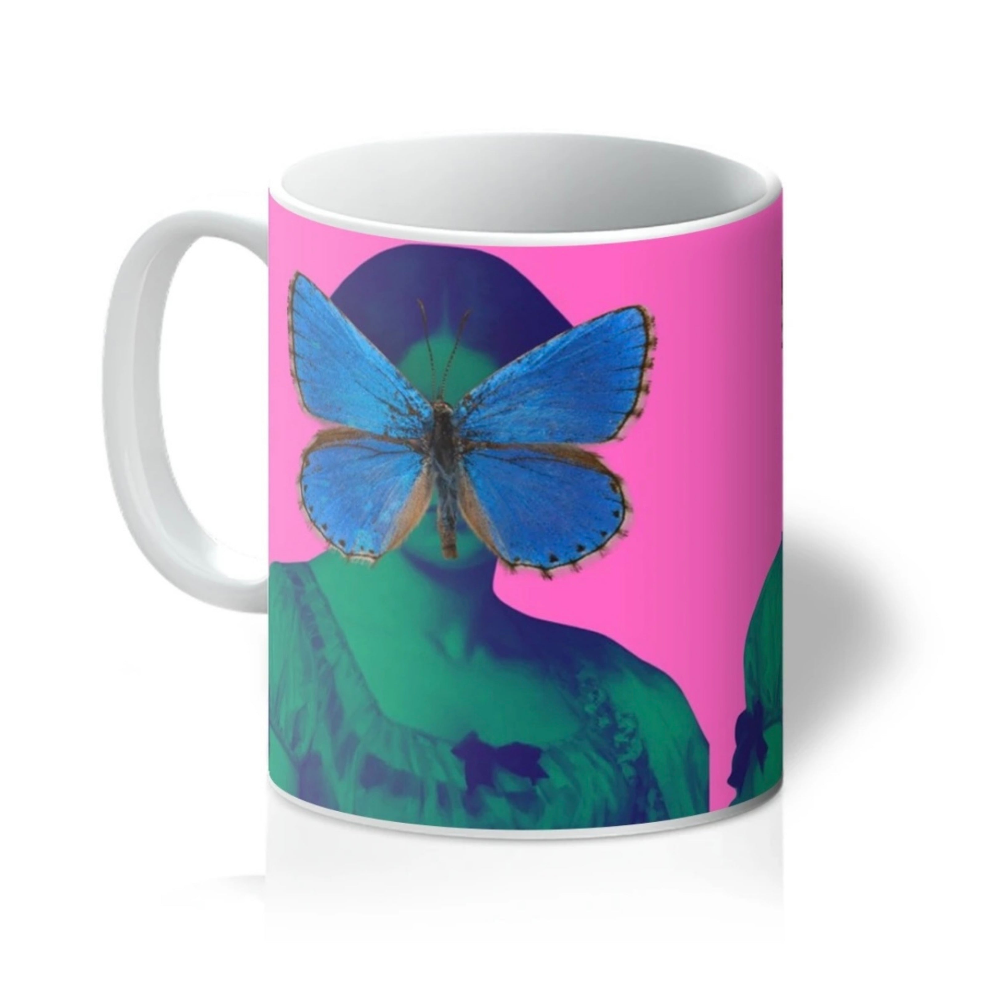 Butterfly Lady mug with blue butterfly – colourful art mug by Lizzie Onion