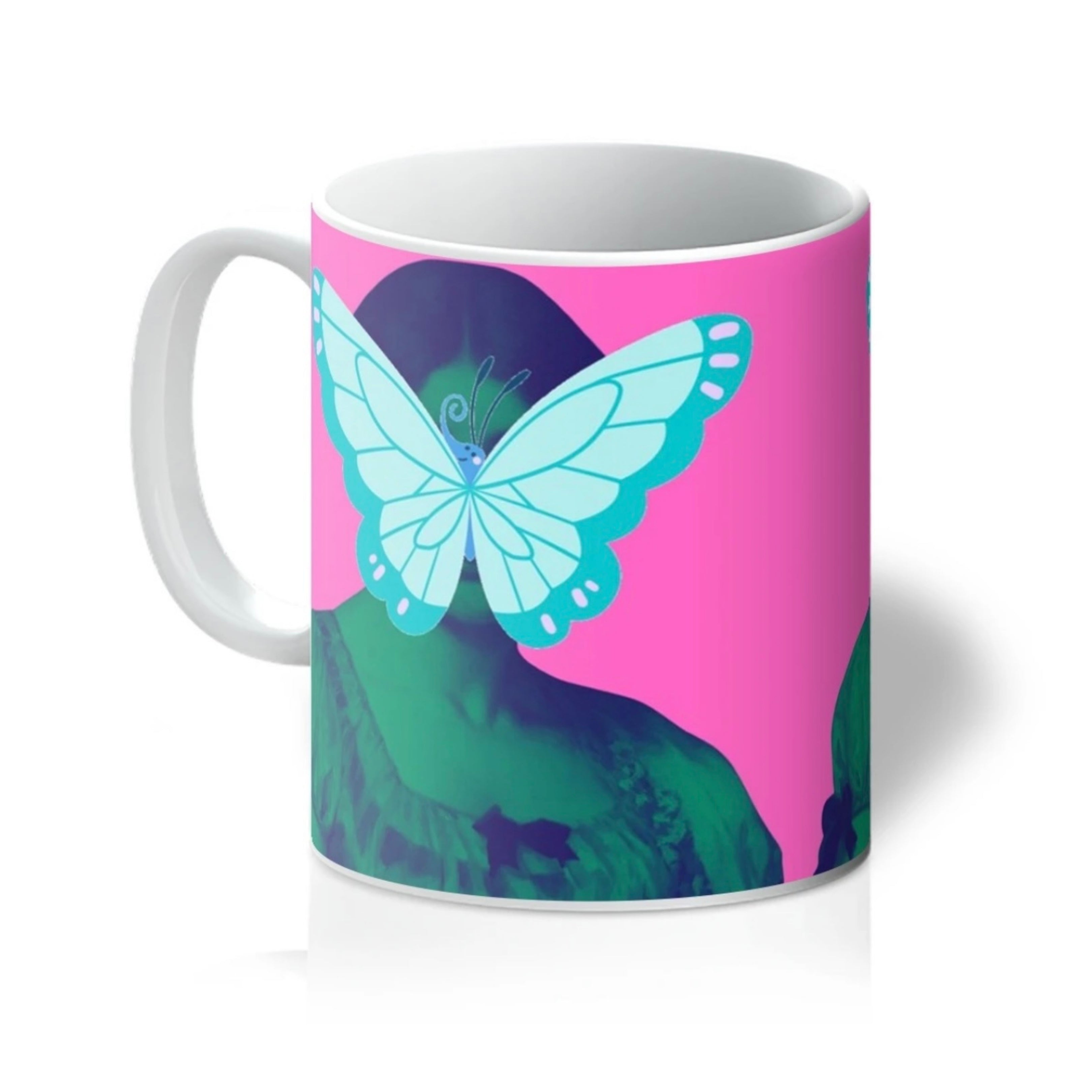 Butterfly Lady mug with pale blue butterfly – colourful art mug by Lizzie Onion.