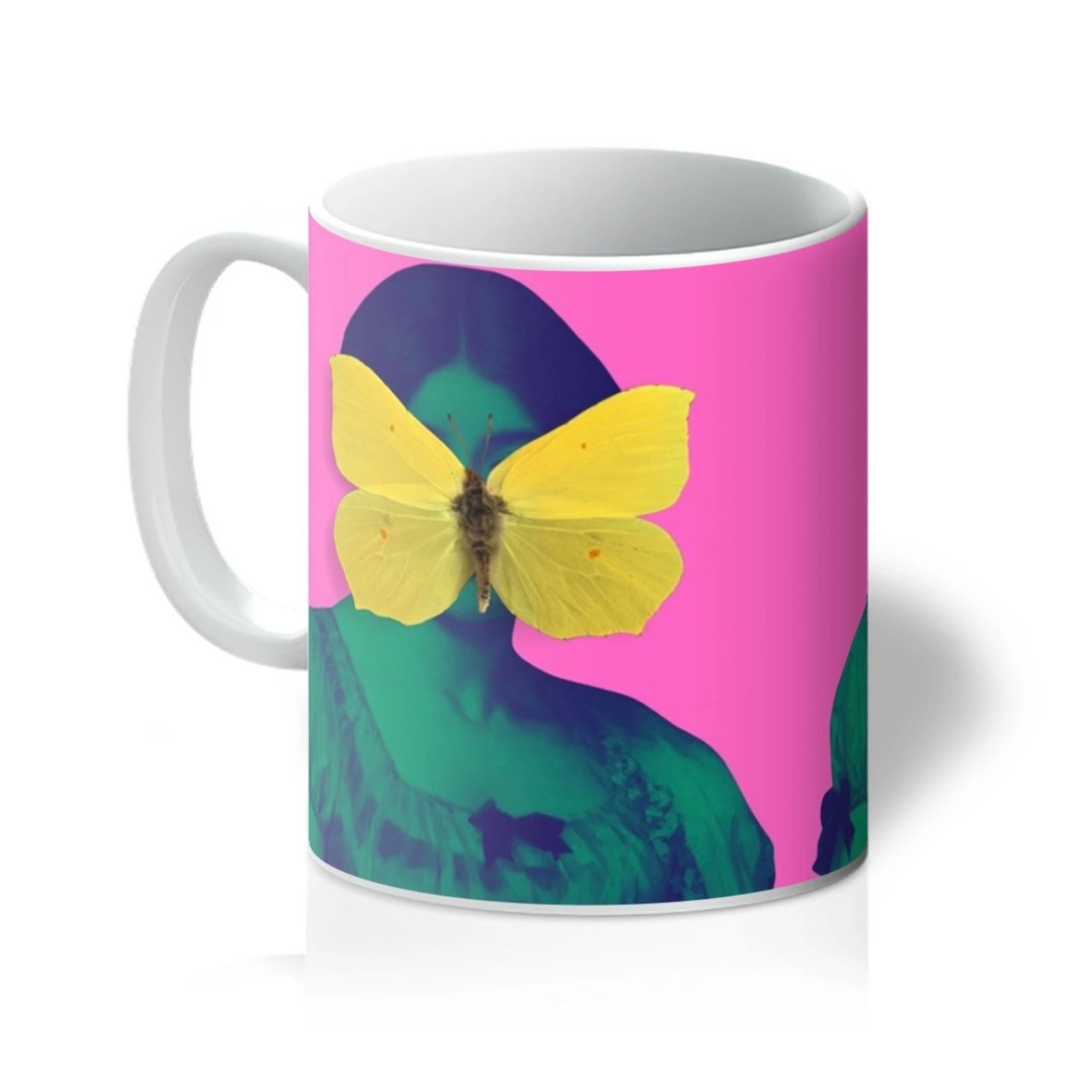 Butterfly Lady mug with yellow butterfly on hot pink background – Lizzie Onion’s Emporium
