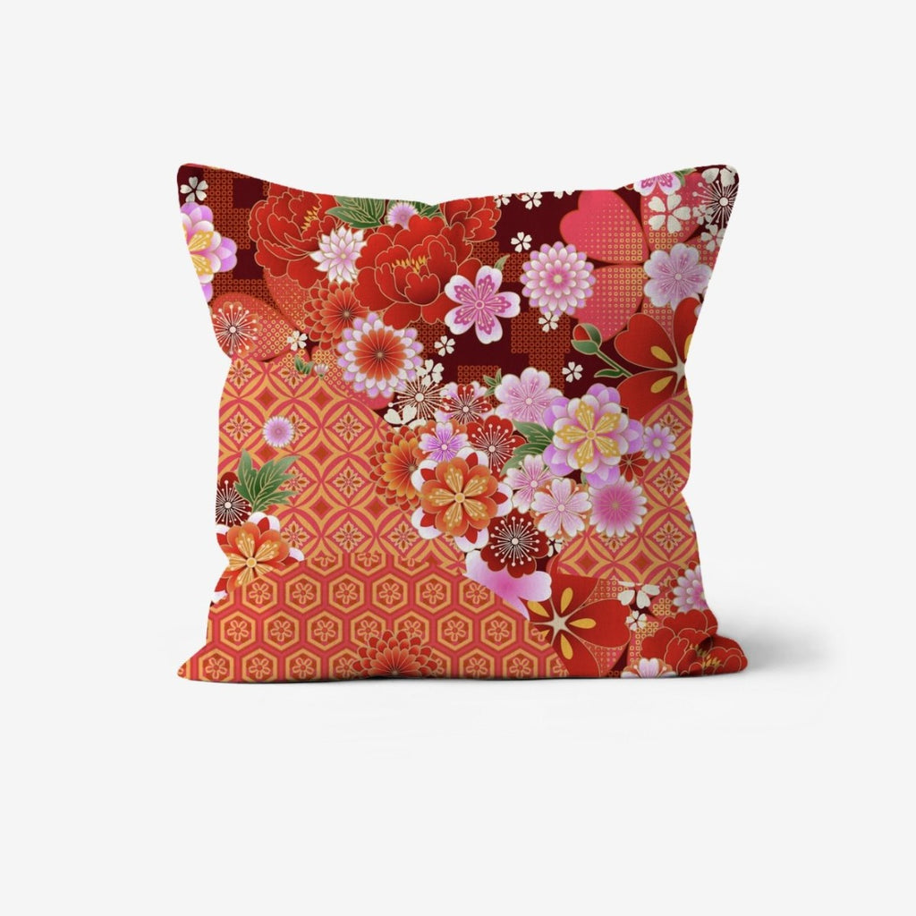 Japanese Kimono Geometric Pattern Surrounded by Flowers Print Cushion