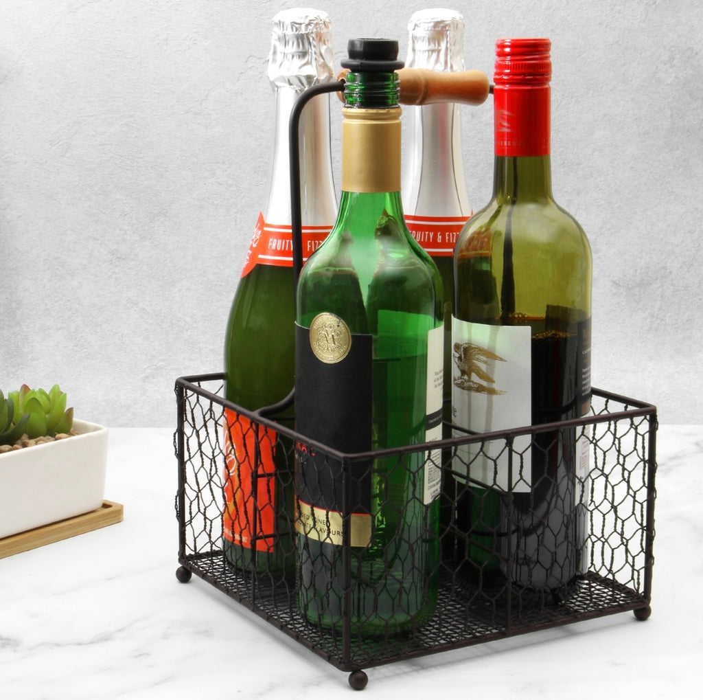 Rustic Bottle Holder for Four Bottles - Steel with Wooden Handle