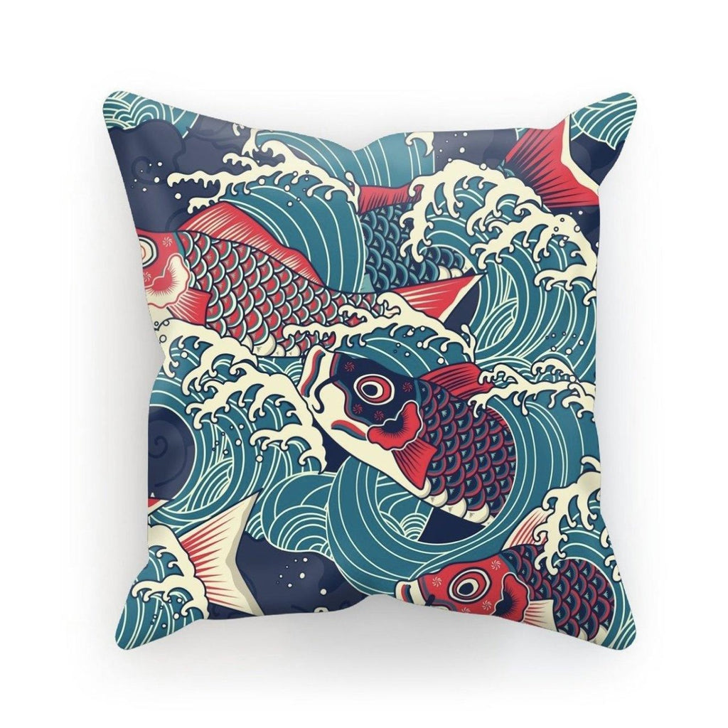 Dramatic Rich Dark Red and Blue Koi Carp Swimming up Through Crashing Waves Single-Sided Printed  Cushion Cover and Pad