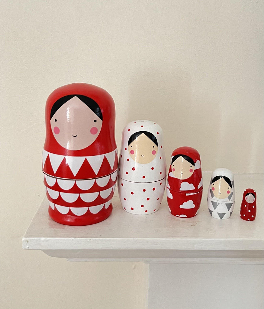 Cute Set of Nesting Dolls/Russian Dolls with Beautiful Red and White Graphic Prints