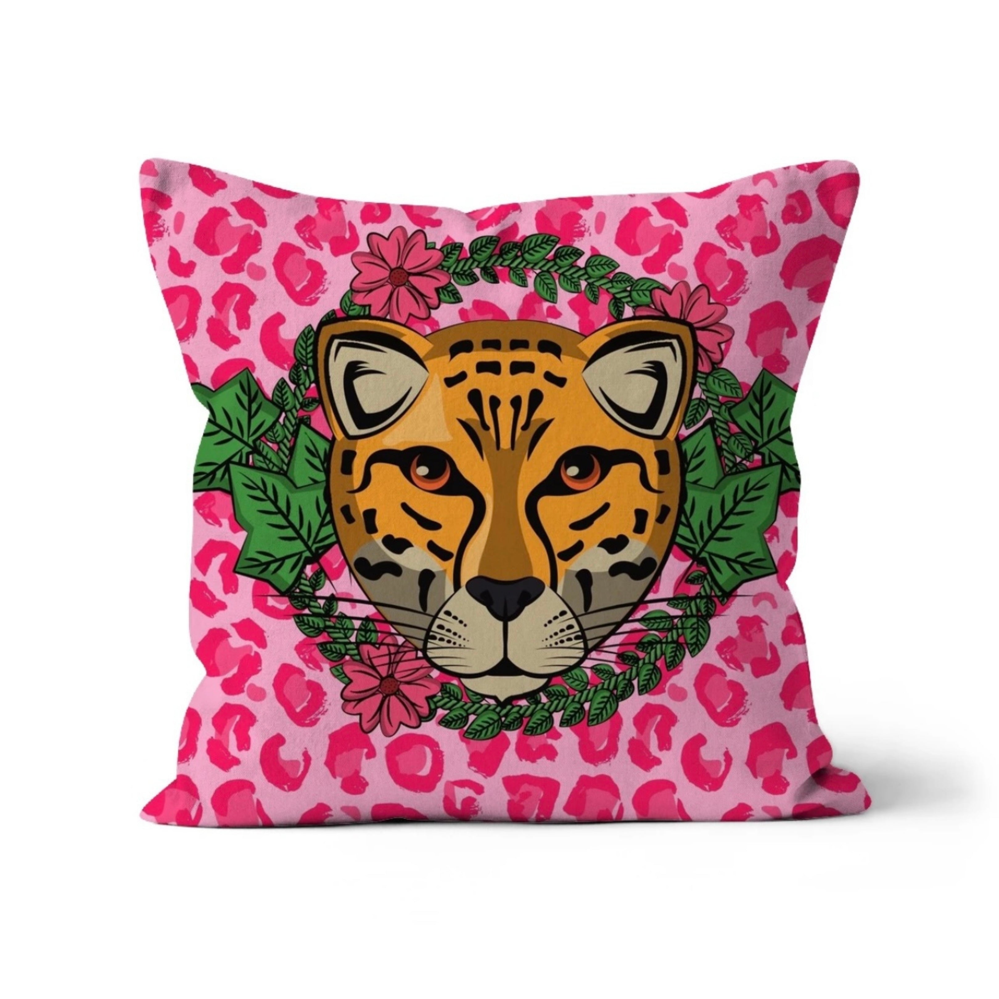 Leopard with Garlands cushion featuring floral wreath and pink leopard print background – Lizzie Onion’s Emporium