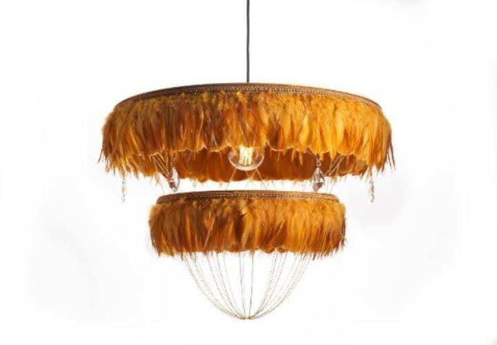 Mustard yellow two-tier Bertie feather light shade with crystal drops, hanging against a plain white background.