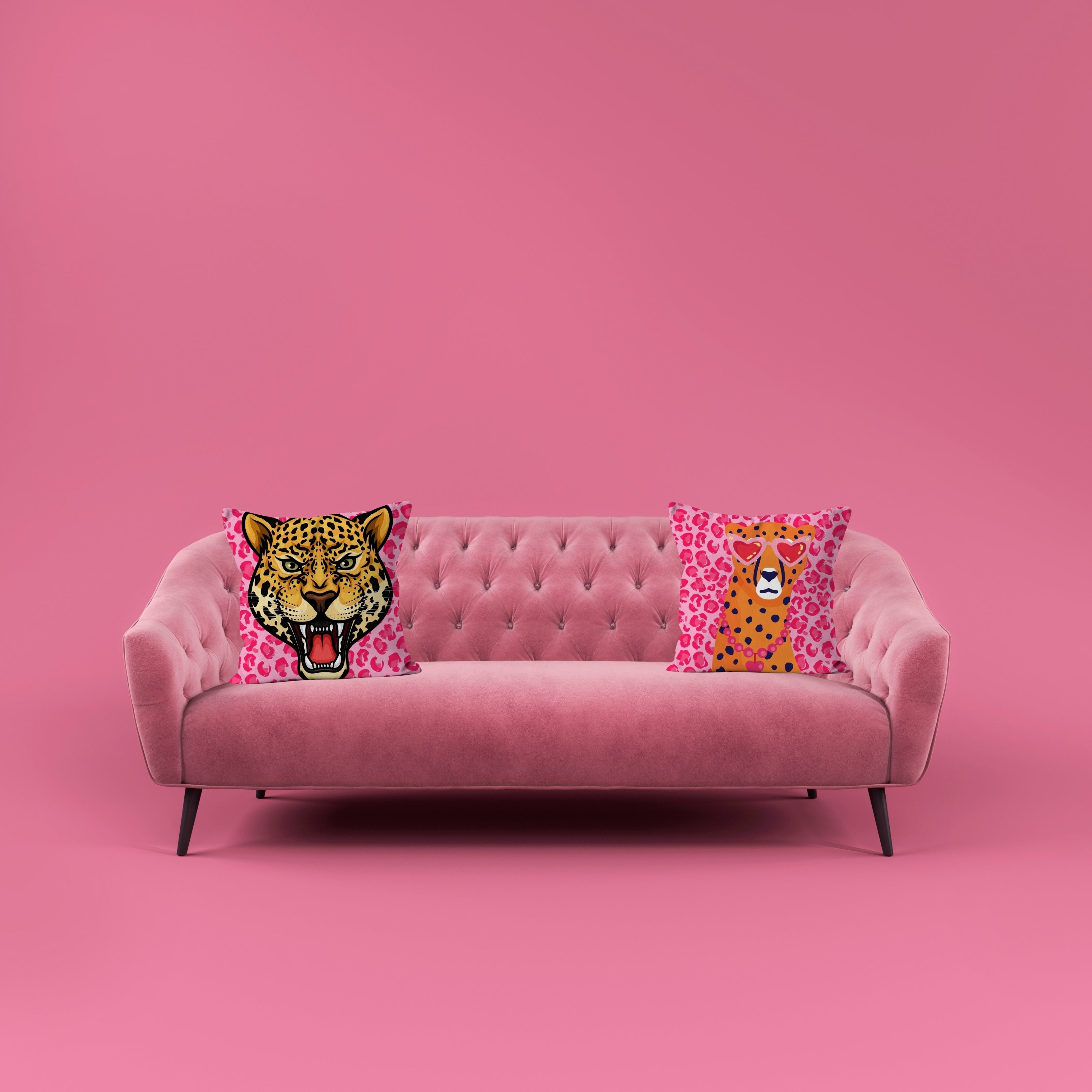 Roaming Leopard and Trend-Setting Leopard cushions on pink sofa – Lizzie Onion’s Big Cat Collection