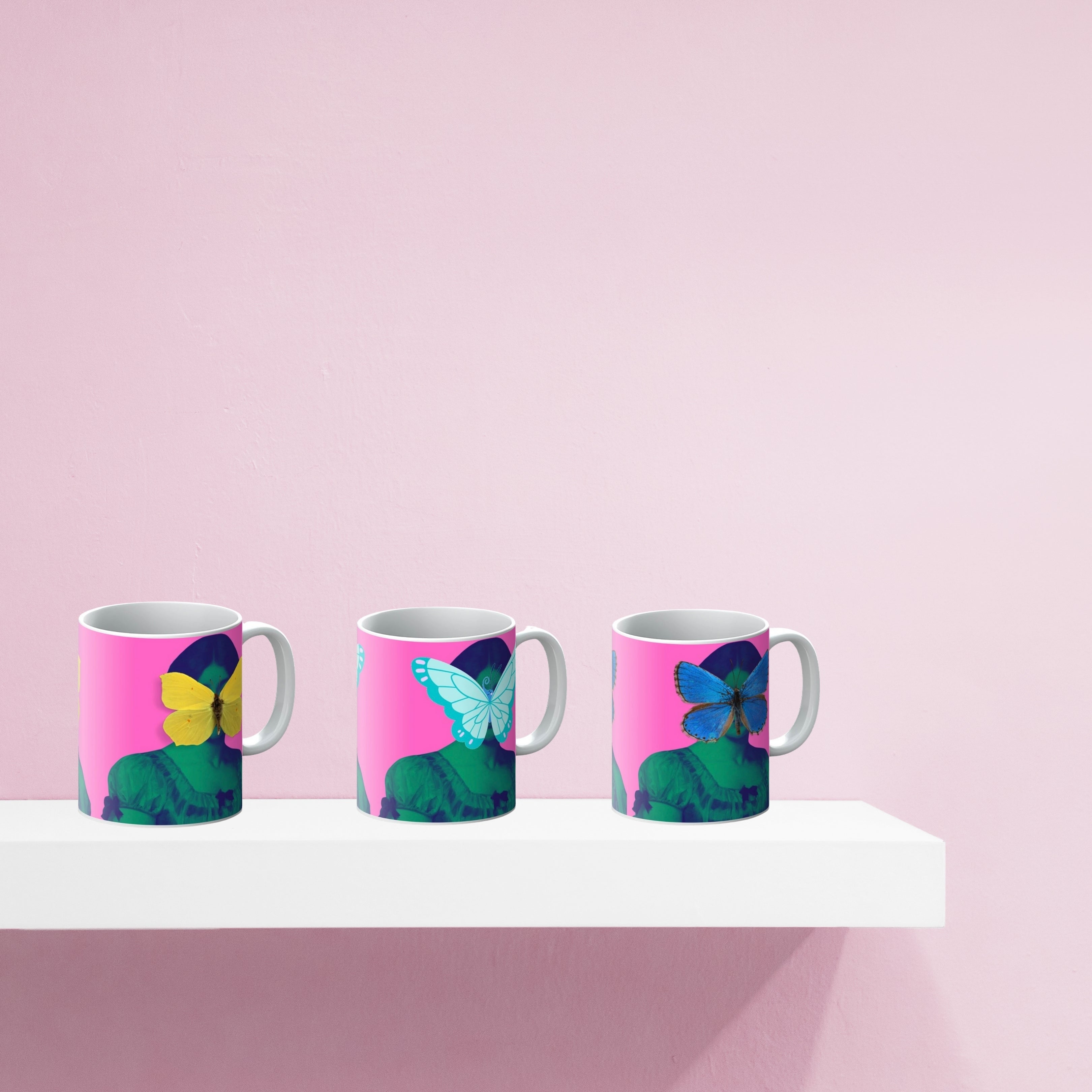 Set of Butterfly Lady mugs in pink and green – maximalist gift idea