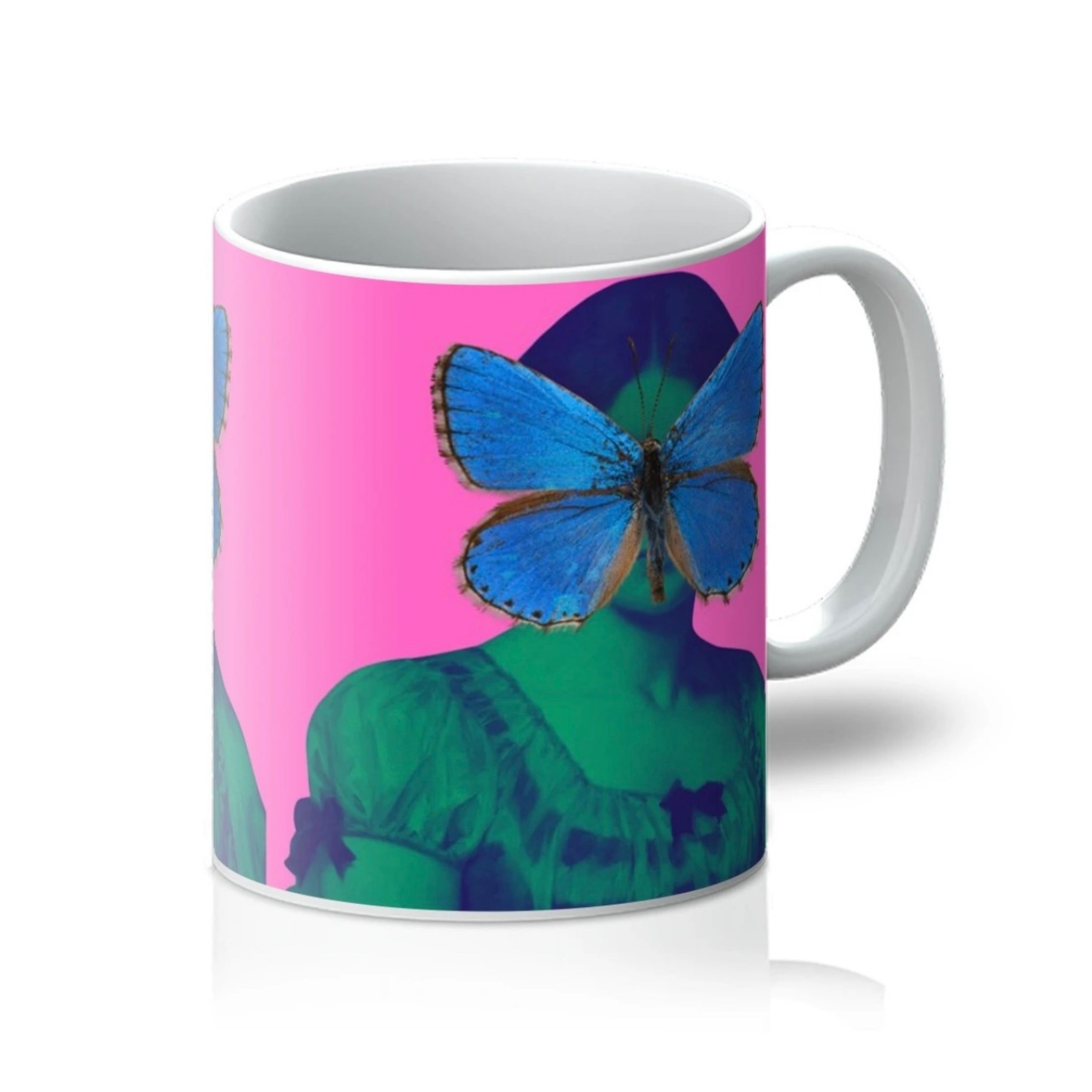 Side view Butterfly Lady mug with blue butterfly – colourful art mug by Lizzie Onion