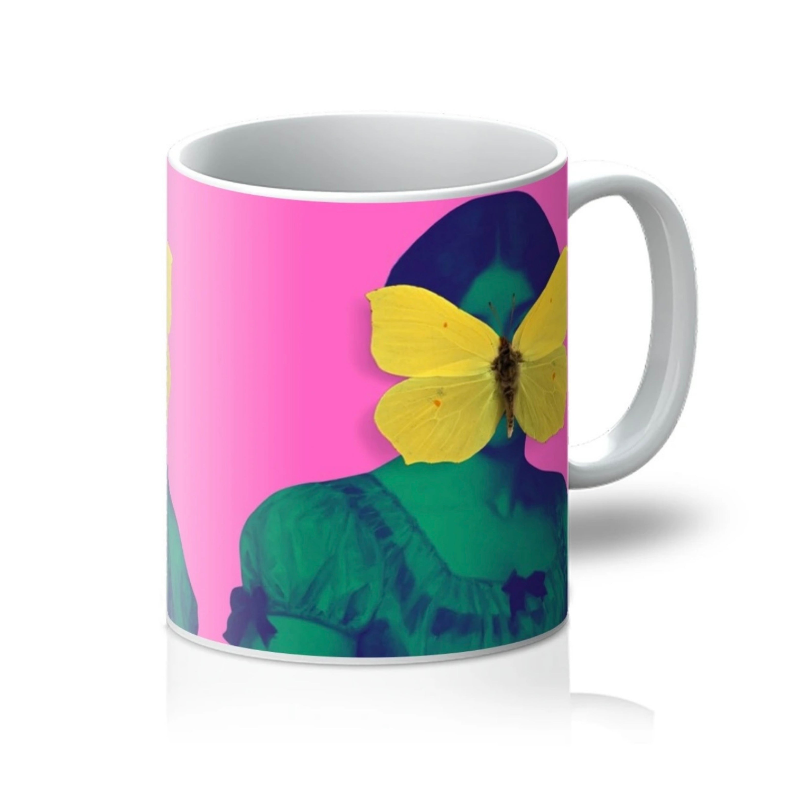 Side view of Butterfly Lady art mug with yellow butterfly on hot pink background – Lizzie Onion’s Emporium