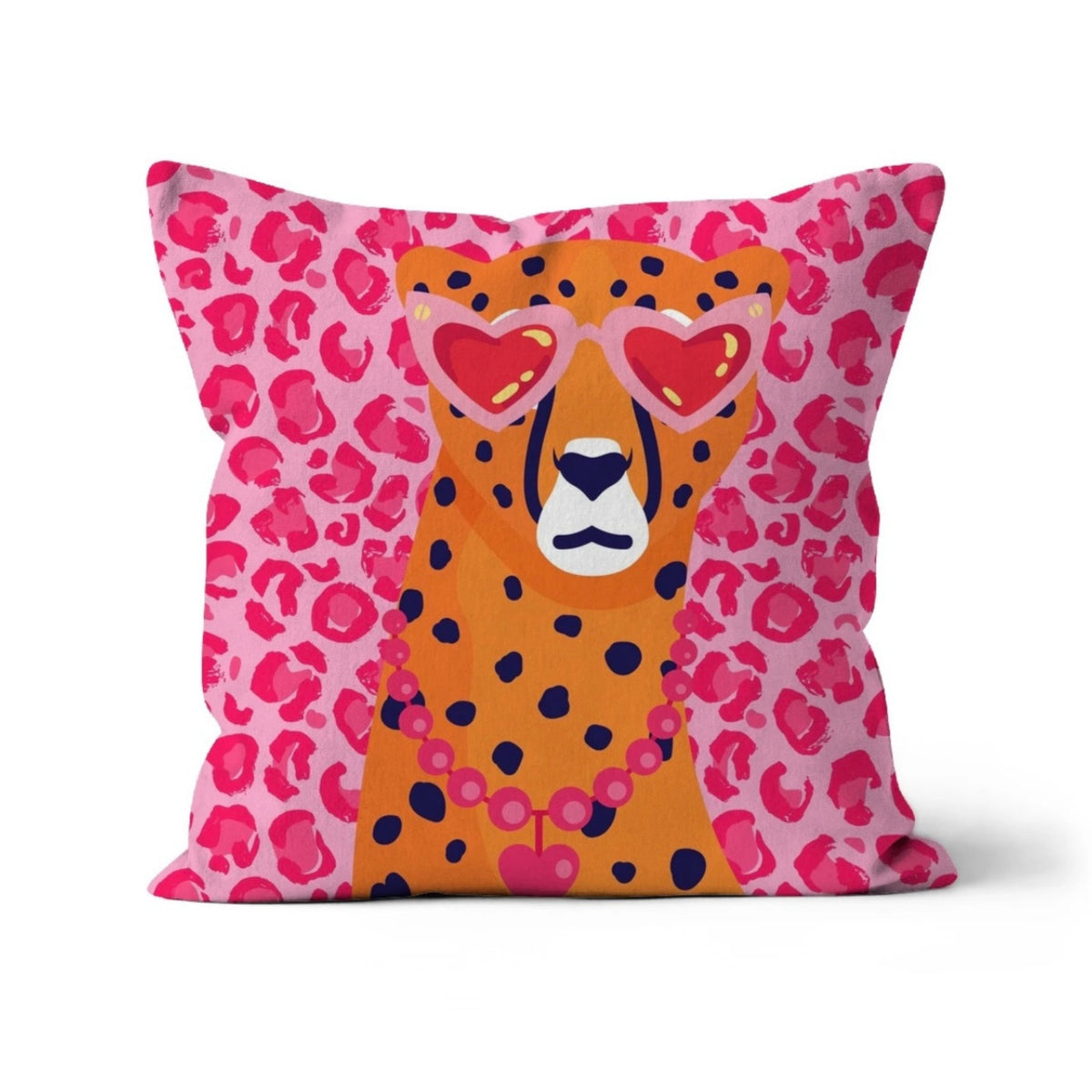 Trend-setting leopard portrait cushion with heart-shaped sunglasses on pink leopard print background - Lizzie Onions Emporium