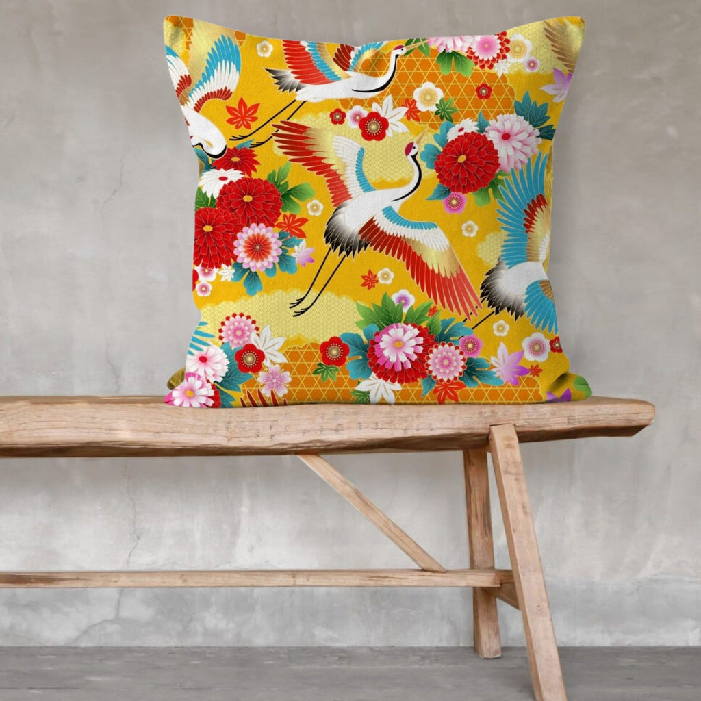 Japanese Kimono Flying Crane with Chrysanthemum Print Cushion and Pad
