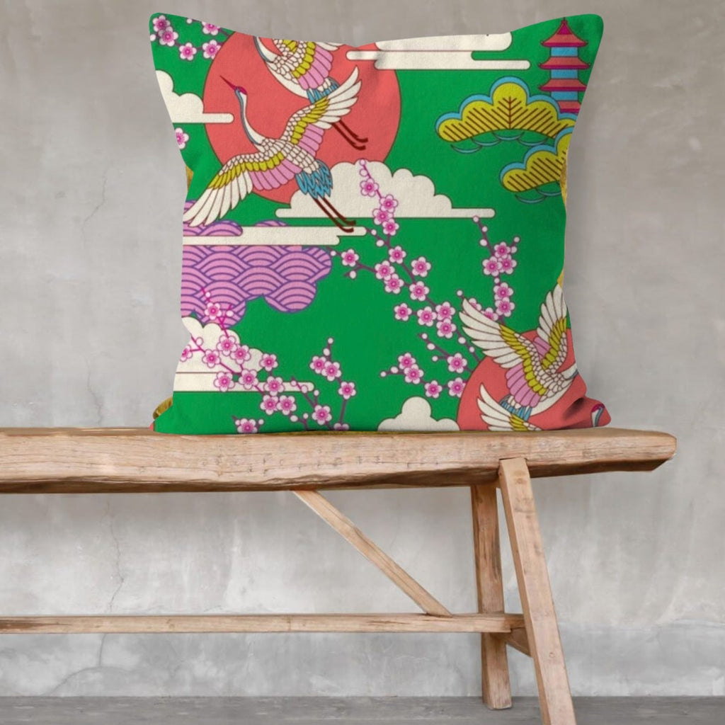 Japanese Kimono Cranes Flying Across the Red Sun with a Glorious Green Background Print Cushion