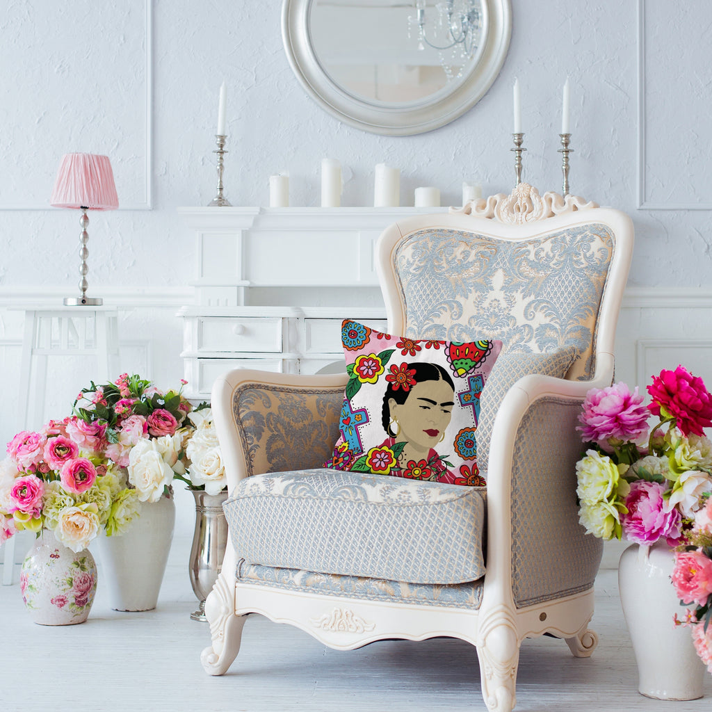 Frida Kahlo inspired Print Surrounded by Mexican Folk Art Cushion