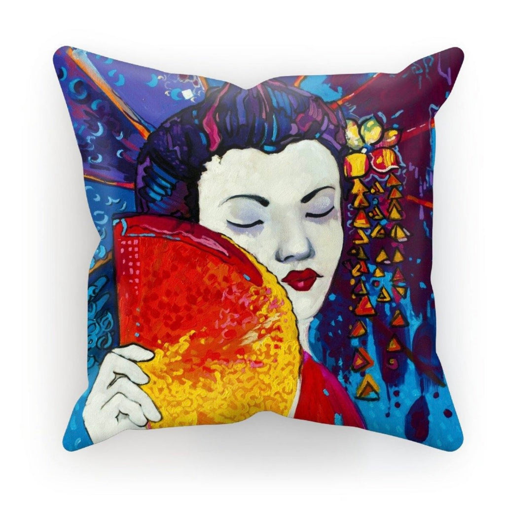 Japanese Geisha with a Fan Print on Cushion Cover with Inner