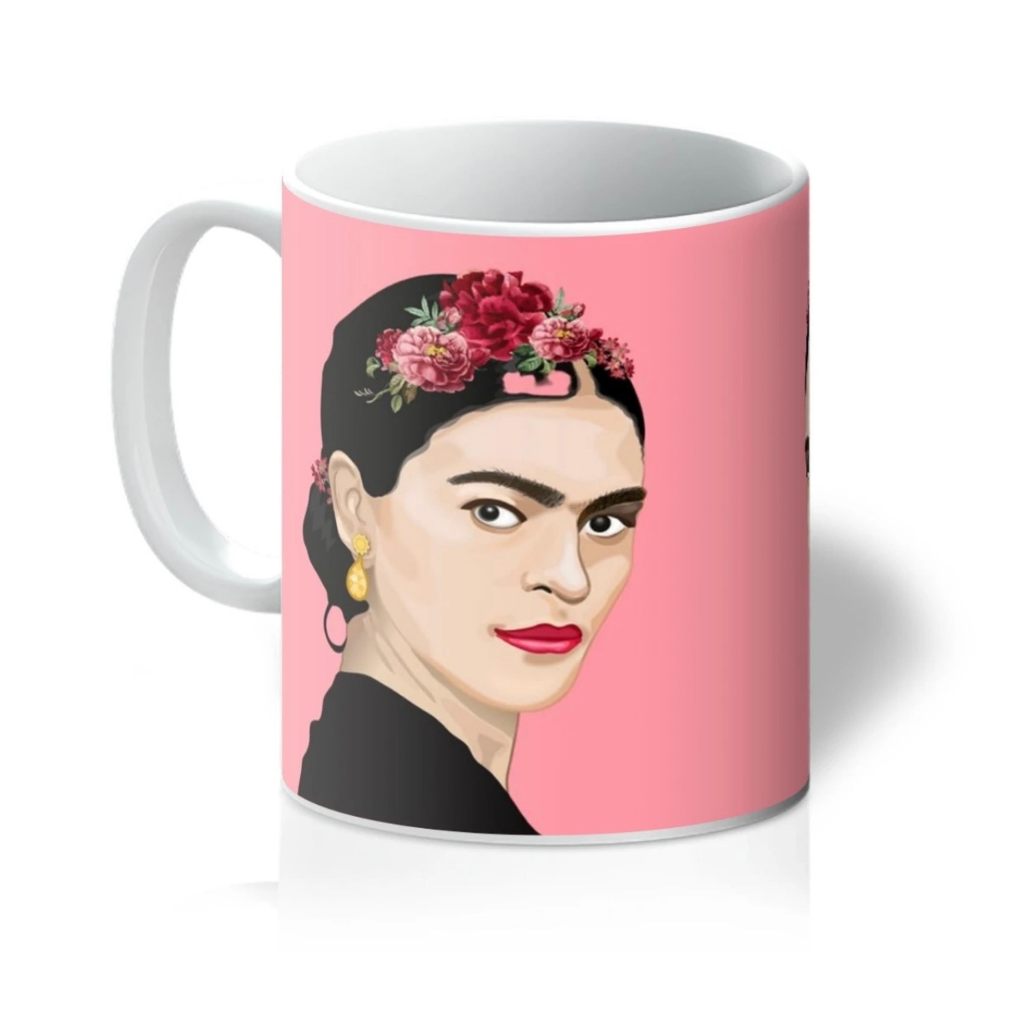 Frida Kahlo Inspired Illustration with pink background on a Mug