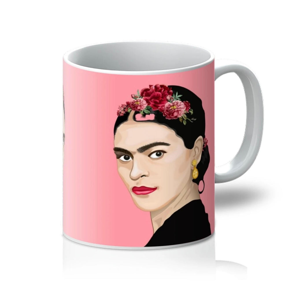 Frida Kahlo Inspired Illustration with a pink background printed Mug