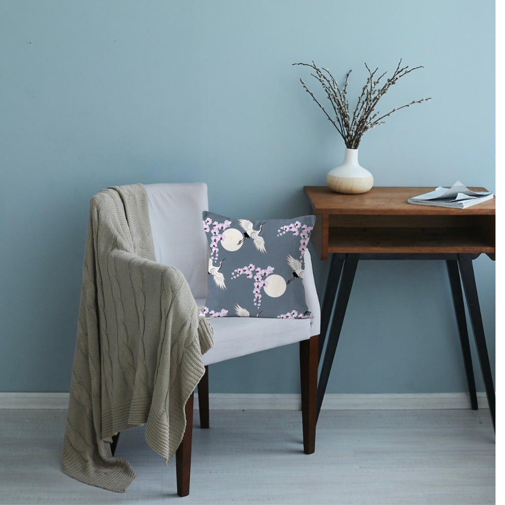 Japanese Kimono Print with Flying Cranes in a Glorious Grey Background Print Cushion and Pad