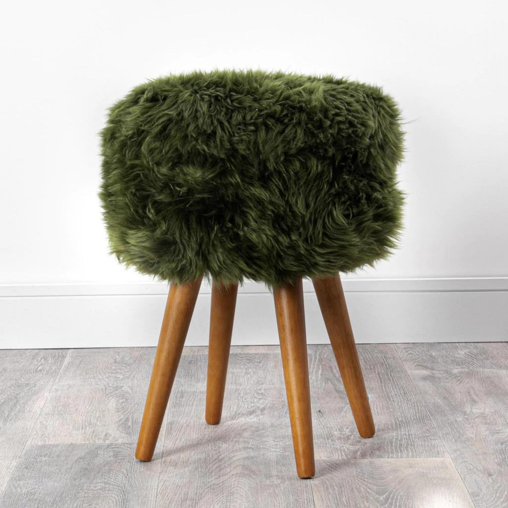 Olive Green Sheepskin Wooden Stool, With Stained Legs