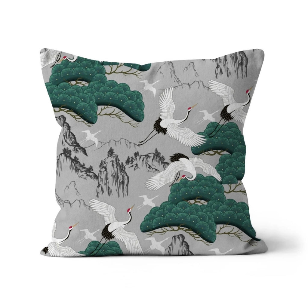 Japanese Kimono Print with Flying Cranes and Green Pine Trees in a Beautiful Grey Background Print Cushion and Pad