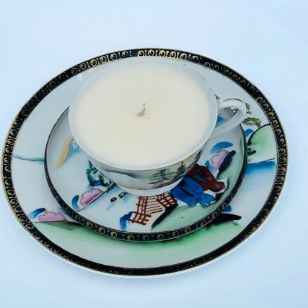 Vegan Soy Candle in Vintage Tea Cup, Saucer and Side Plate decorated in in a traditional setting with Geishas – Honeysuckle Fragrance