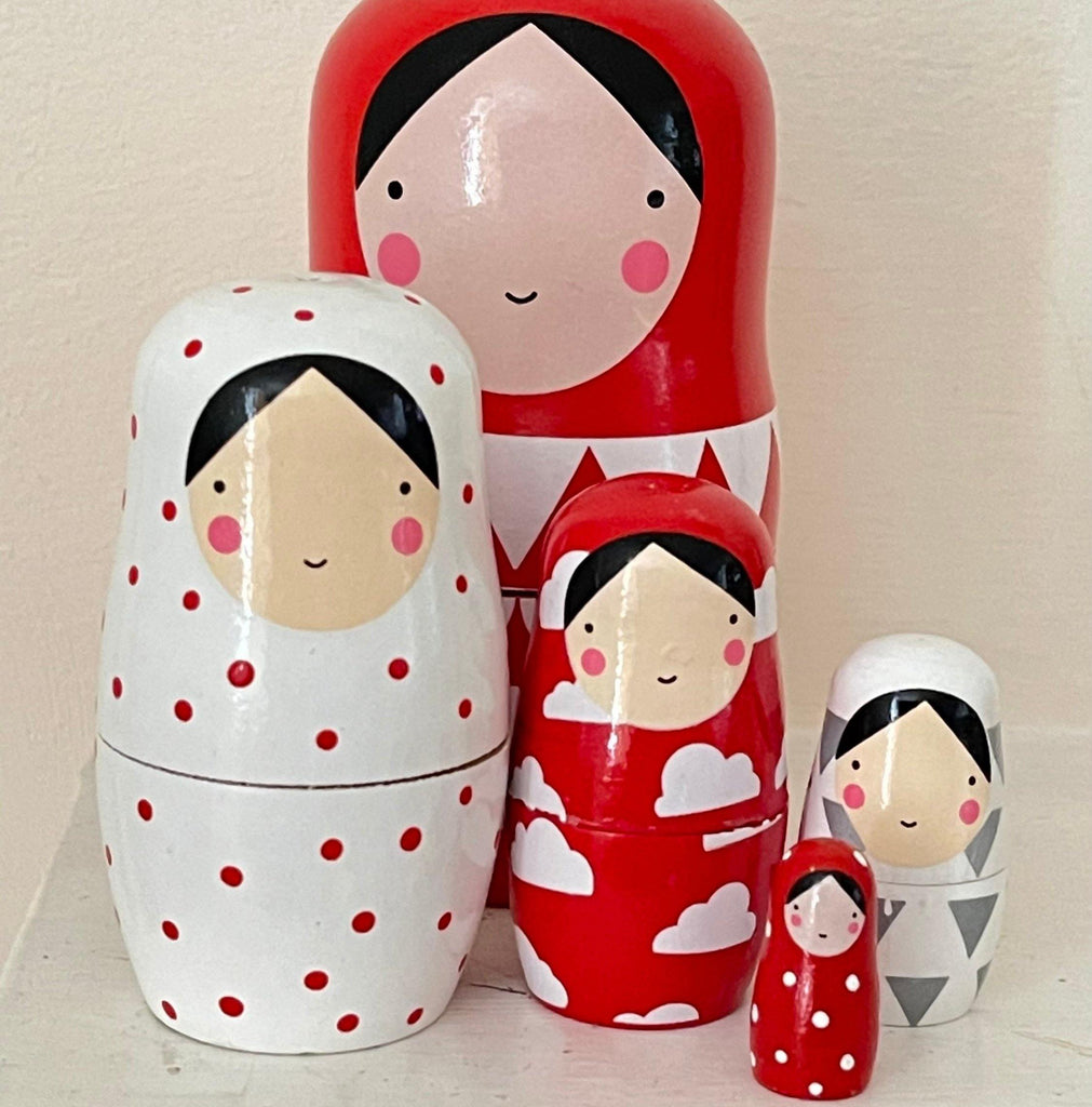 Cute Set of Nesting Dolls/Russian Dolls with Beautiful Red and White Graphic Prints